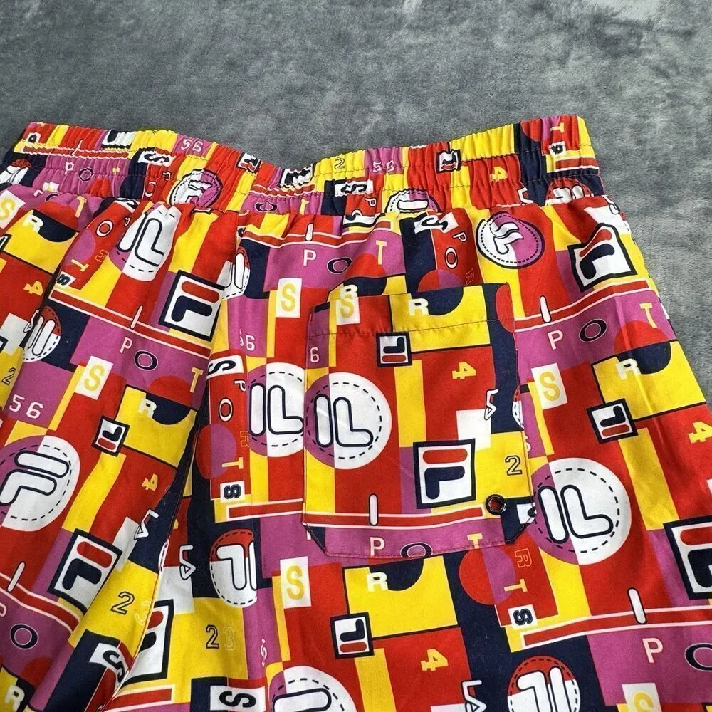 Vintage FILA Sz L Vibrant Geometric All Over Logo SPORT Shorts Swimming Trunks
